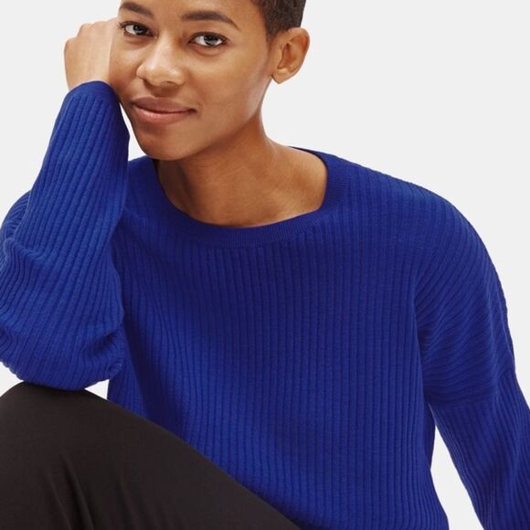 Eileen Fisher Luxe Merino Wool Ribbed Box Top Sweater 1X Royal Blue - Picture 1 of 9